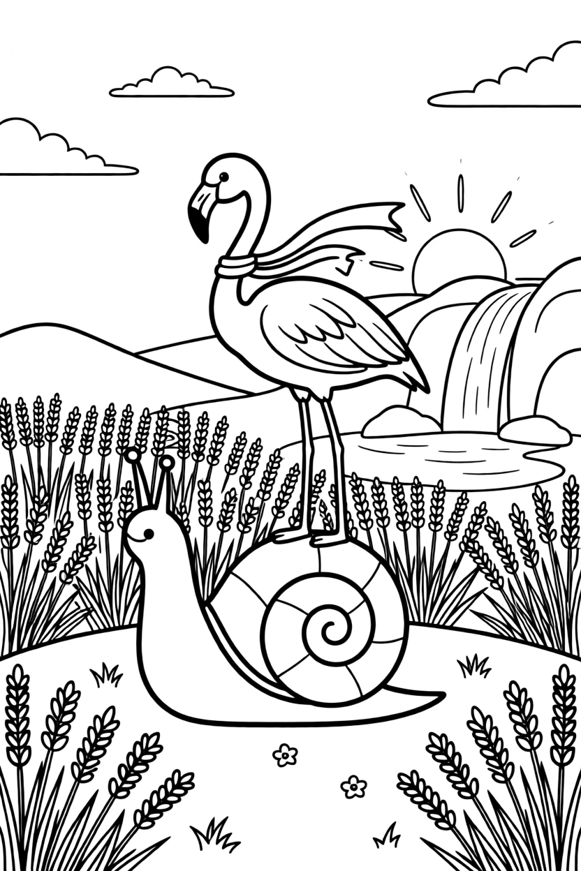 A flamingo on a farm at sunrise, riding on the back of a snail, next to a lavender field, as a gentle waterfall splashes in the background.