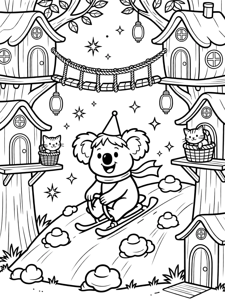 Plucky and full of excitement, a koala tea-party host spends the day sledding down a mountain made of marshmallows inside a treehouse village connected by rope bridges. Nearby, a curious kitten peeking out from a basket adds to the fun. Sparkles and stars fill the air with magic.