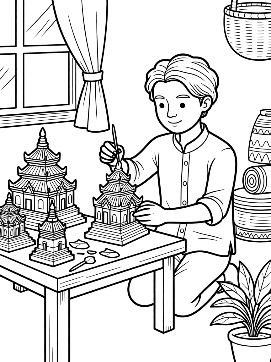 A coloring page showing a creative craft moment in Myanmar: a craftsman applying gold leaf to a small pagoda statue, with finished pieces displayed proudly on a nearby table.