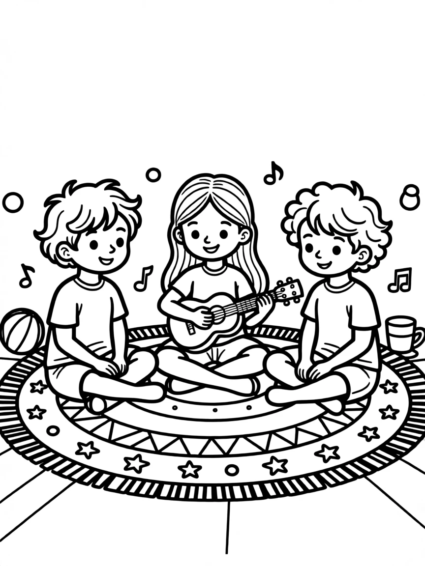 a gentle group of three kids strums a ukulele while sitting cross-legged on a colorful rug.