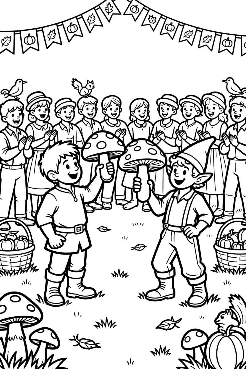 A dwarf and a gnome argue playfully over whose mushroom is bigger at the annual harvest festival, a crowd of onlookers laughing.