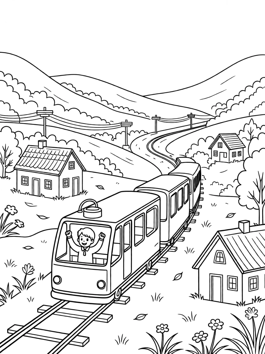 [Trains] A dynamic scene shows a mountain cable train racing through a green valley past a small countryside station, cheering with both fists raised. Close by, small station buildings dot the countryside. Telephone poles line the tracks in the distance. The moment unfolds at high noon, with autumn leaves swirling in the wind, filled with energetic detail perfect for a young colorist.