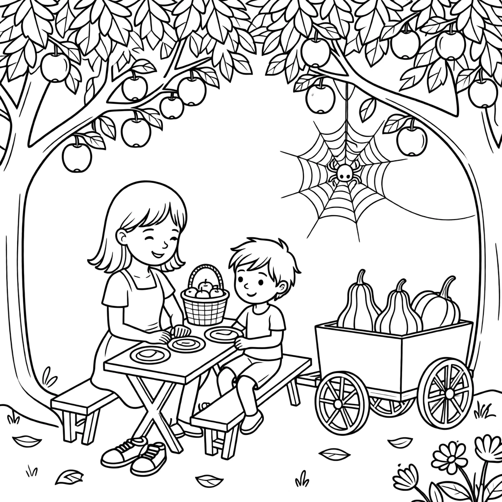 A family sharing a meal under a leafy roof in an orchard filled with ripe apples ready for picking, alongside a big sister and her little brother and a wagon full of gourds, with a spider spinning a delicate web close by.