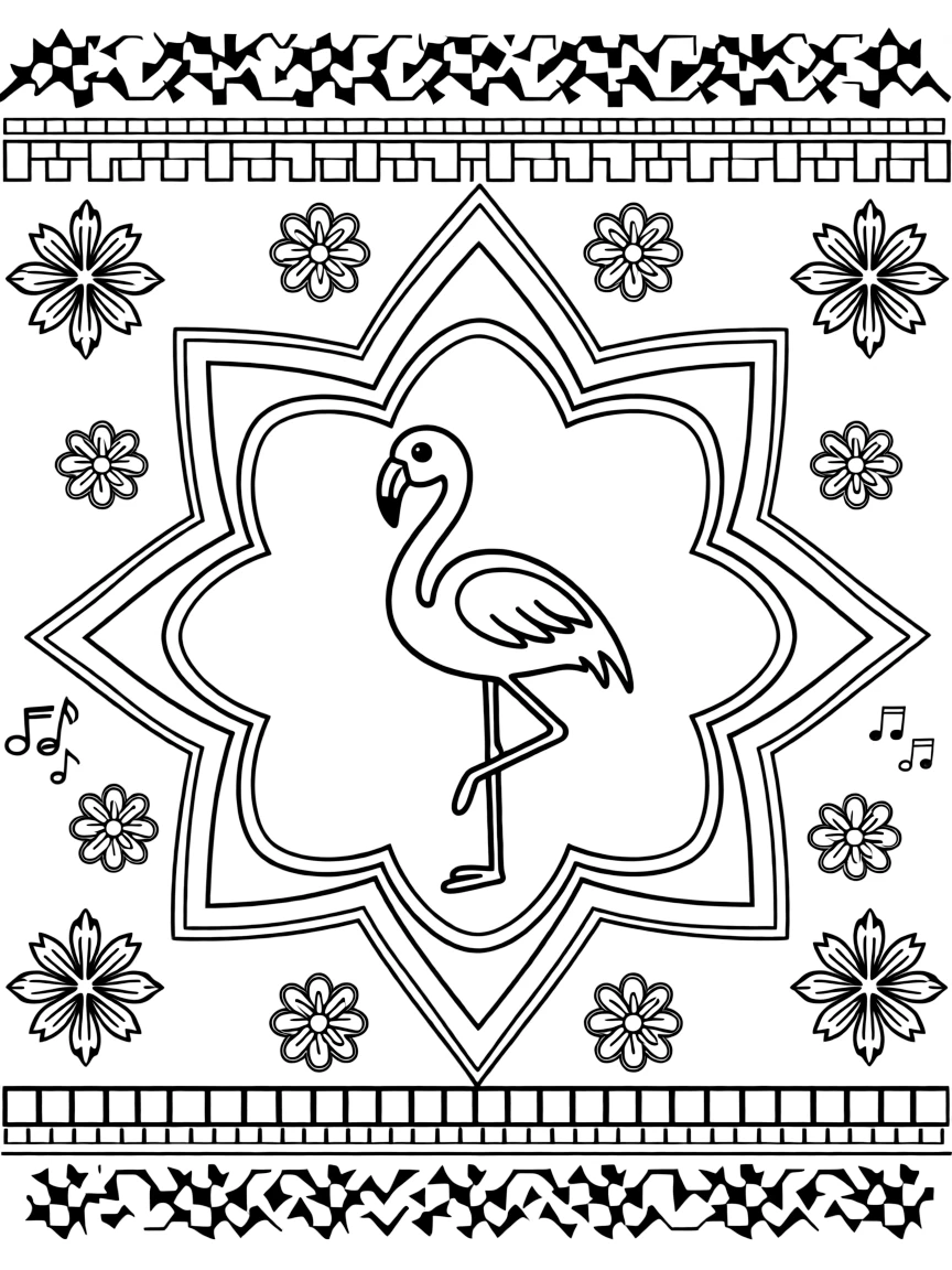 Birds: The page presents a small themed scene built around a flamingo standing on one long thin leg, tied together by an eight-point star mandala framing the design. The scene is placed centrally within a scene bordered top and bottom by mirrored rows of smaller matching details. Decorative details fill the surrounding space, including six-point snowflake shapes, rows of small square tiles, and a grid of lattice diamonds woven throughout the background. A playful extra touch completes the page: a few tiny musical notes drifting near one corner of the page.