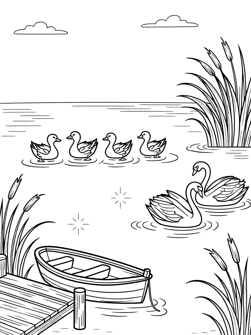 [Lakeside] A family of ducks paddles in a neat line across a calm, glassy lake at sunrise. A pair of swans glides gracefully past a cluster of reeds near the shore. A small wooden rowboat rests beside the dock, tied to a post near a cluster of cattails. Warm afternoon sunlight sparkles across the lake beneath a clear blue sky.