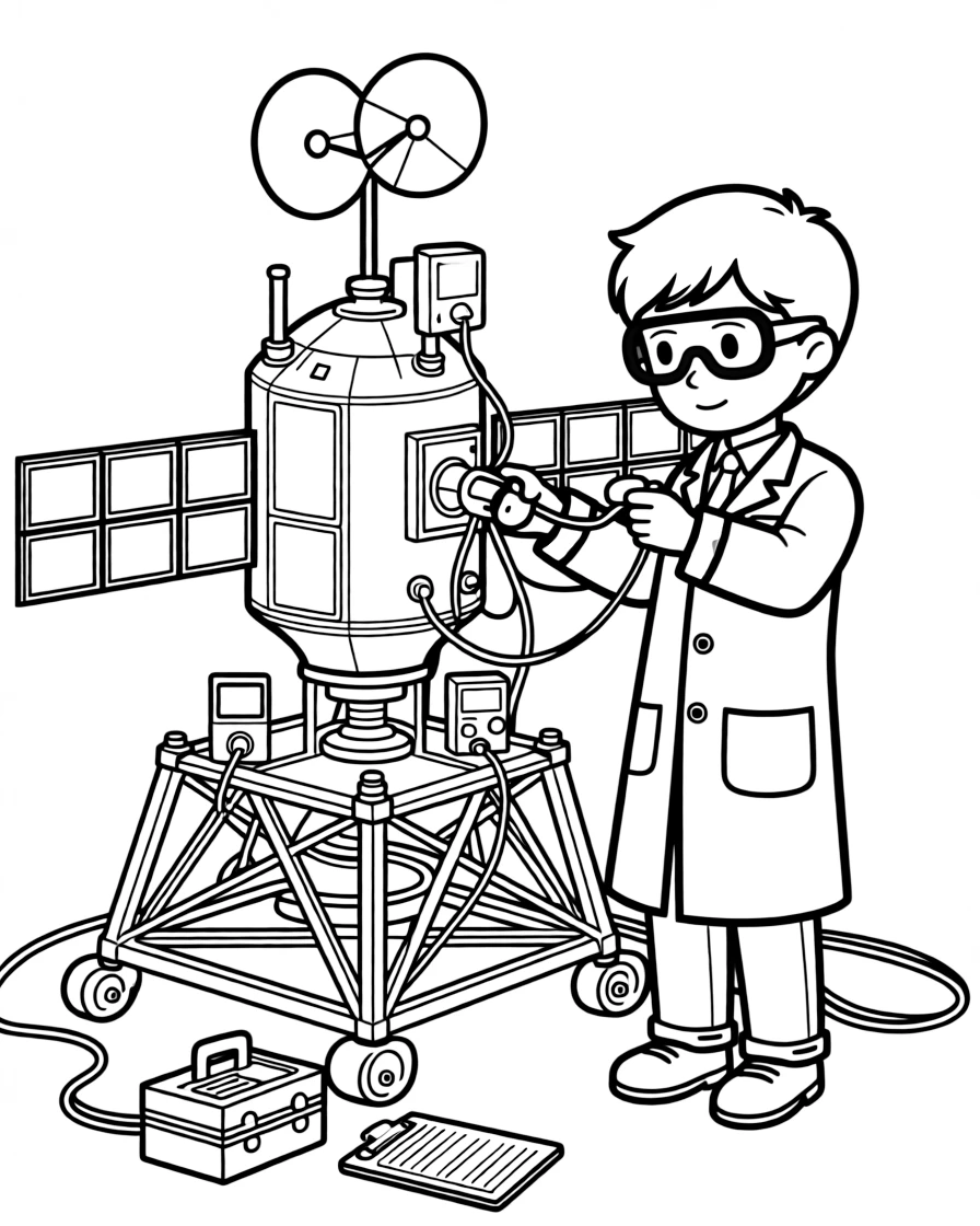 A satellite engineer checks wiring on a shiny satellite before it launches into space.