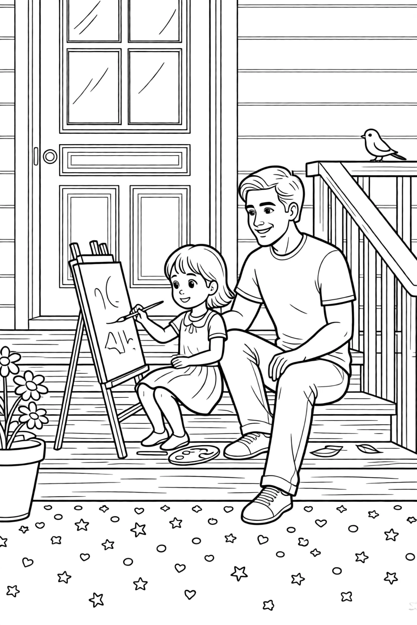 A quiet girl painting a picture with a single dad on the front porch steps with confetti scattered on the ground.