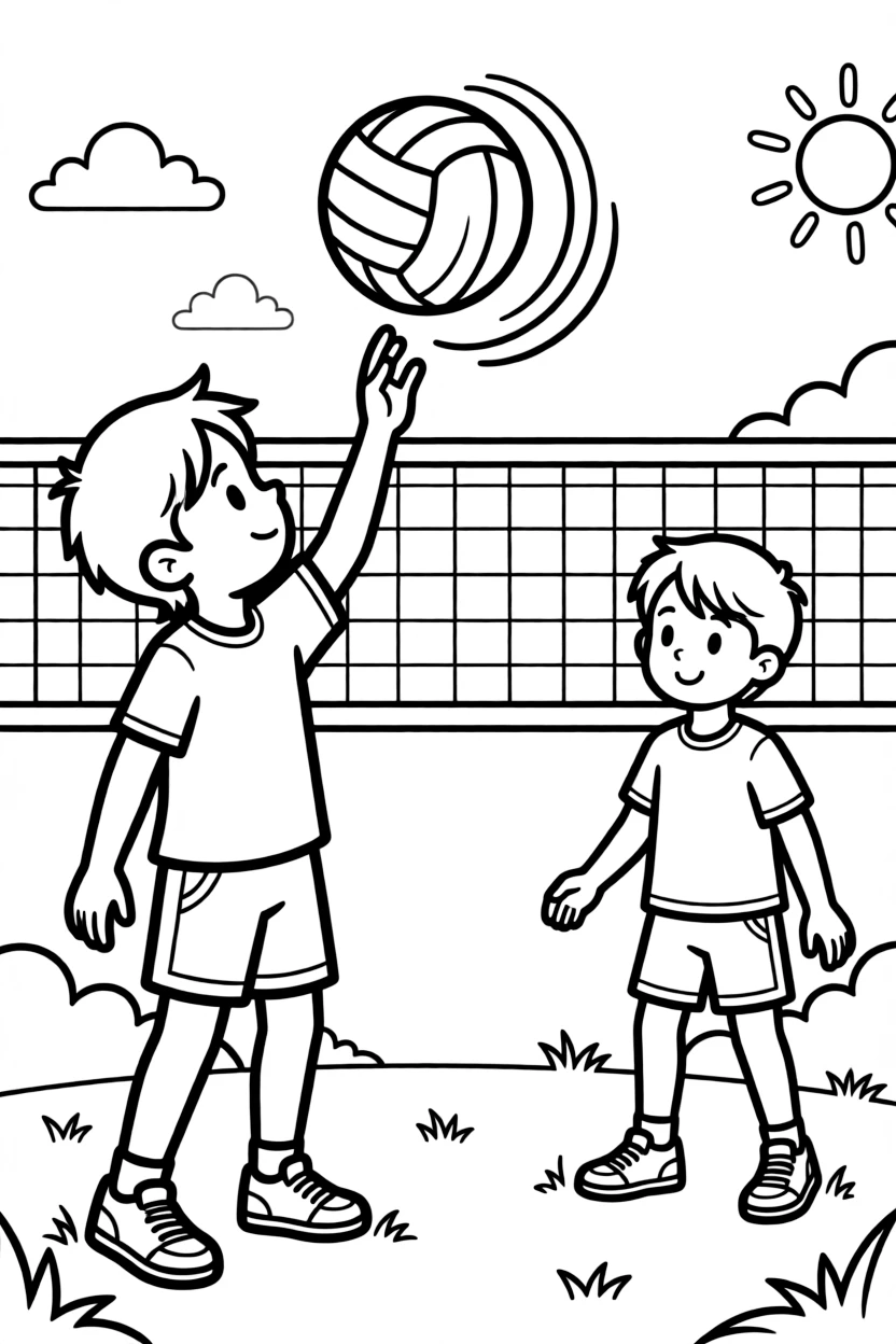 A pair of twin siblings, serving the ball with a spin that curves unexpectedly across the net.
