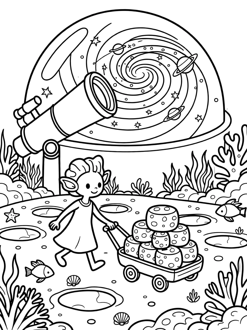 In an underwater dome city surrounded by coral reefs, Voxa, a gentle alien princess with flower-petal ears escorting a shipment of moon cheese across a crater field, while a giant telescope pointed at a swirling galaxy adds to the excitement.
