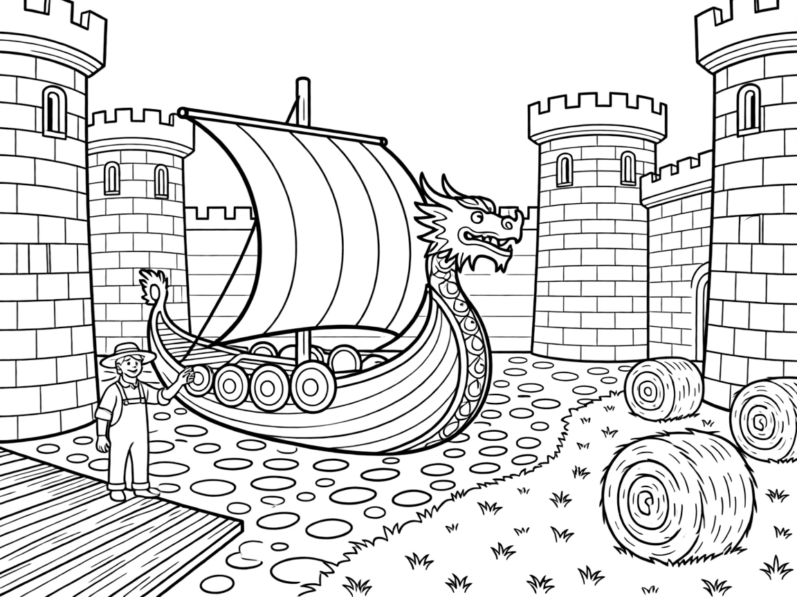 A carved Viking longship with a dragon-head bow is shown journeying through an old stone castle courtyard with tall towers, with a friendly farmer tipping his straw hat close by and hay bales dotted across the nearby field completing the lively scene.