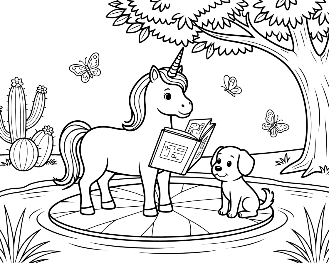 A unicorn foal on a lily pad in a quiet pond, reading a storybook under a tree with a playful puppy, next to a cactus garden, surrounded by fluttering butterflies.