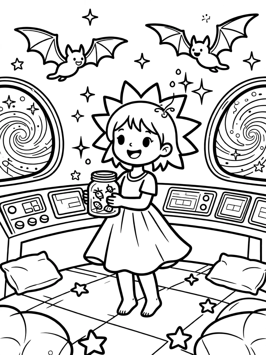 On a spaceship deck looking out at swirling nebulae, a wide-eyed summer sun sprite discovers the joy of catching fireflies in a jar to light up the night, while a squadron of friendly bats looping overhead watches happily nearby. Sparkles and stars fill the air with magic.