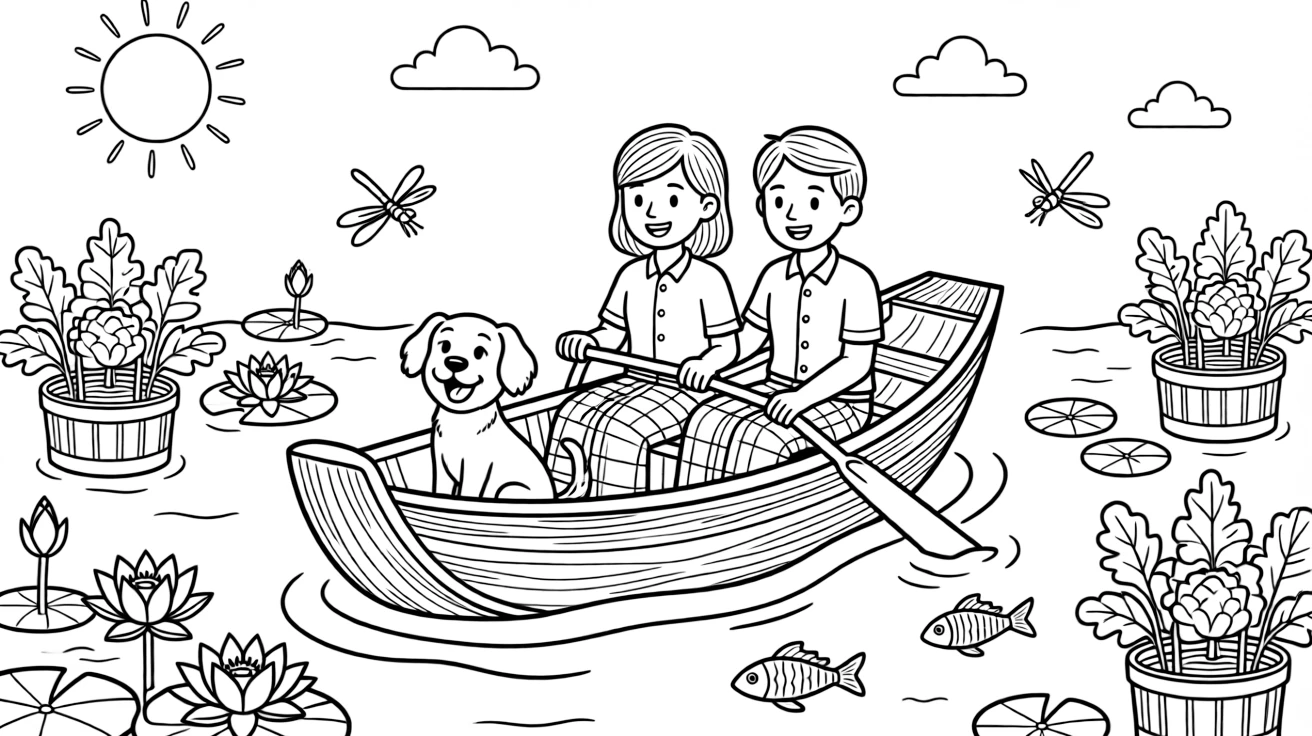 A coloring page capturing everyday life in Myanmar: a family riding in a wooden boat past floating gardens on a lake, with a loyal pet nearby and a warm sun shining overhead.