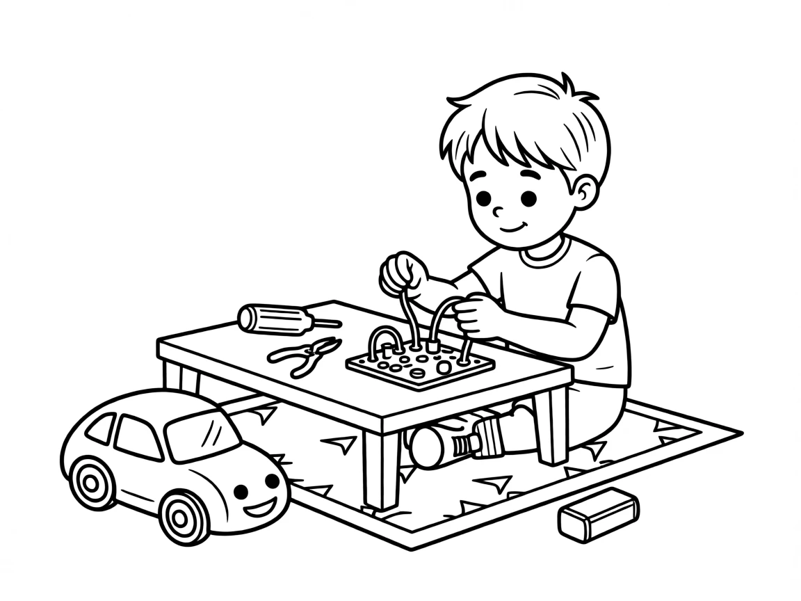 a cheerful little boy connects wires on a circuit board to make a toy car zoom forward.