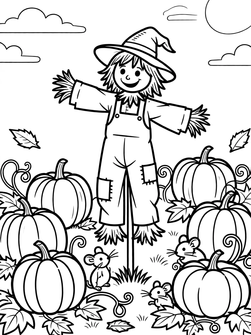 A spellbound scarecrow comes to life in a moonlit pumpkin patch, tipping its hat to a family of curious field mice.
