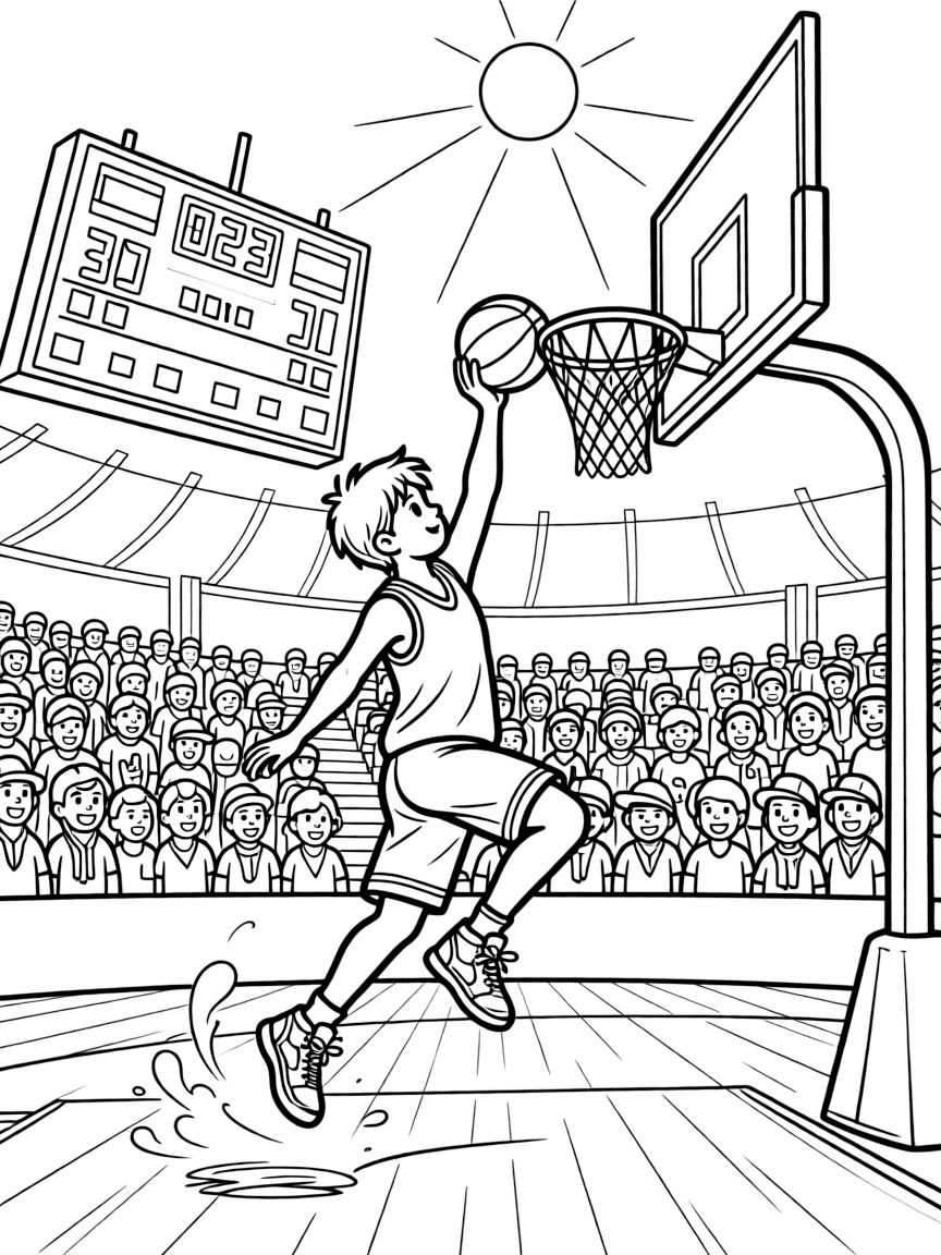 [Sports] a basketball player mid-jump dunking the ball through the hoop in a packed basketball arena. In the background, a scoreboard hangs in the background, adding extra fun to explore. A goal or hoop stands ready in the frame. It all happens at high noon, with dust kicked up by the wind.