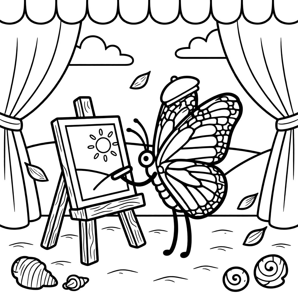 A fluttering monarch butterfly is painting a picture on a wooden easel inside a puppet theater with a painted backdrop. Close by, scattered flower petals drifting in the breeze and glittering seashells scattered on the sand give the moment a cozy feel.