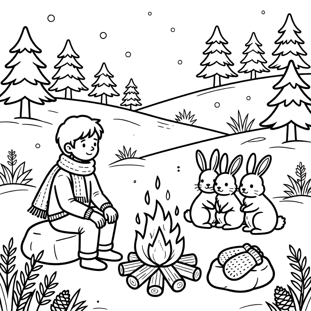 A poet reciting verses beside a warm fire on a hillside dotted with snow-frosted evergreens, with a family of snow-covered rabbits and a pair of mittens drying by the fire nearby.