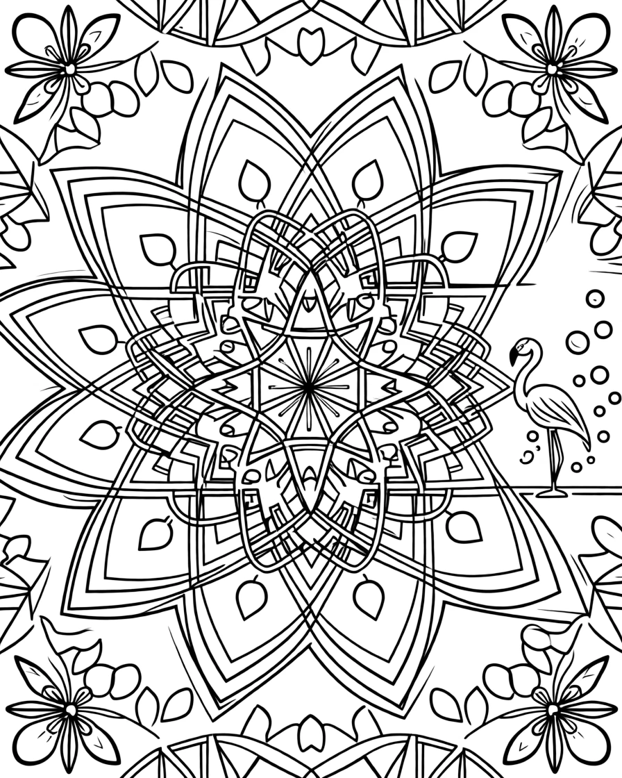 Birds: The design turns a flamingo standing on one long thin leg into a kaleidoscope-style composition anchored by a diamond lattice mandala crossing over itself in a grid. The imagery is broken into repeating fragments that spin outward from the center in a kaleidoscope-style circle of matching wedges. Decorative details fill the surrounding space, including clusters of tiny acorns, rows of teardrop-shaped petals, and angular crystal facets woven throughout the background. A playful extra touch completes the page: a cluster of small bubbles rising near one side of the page.