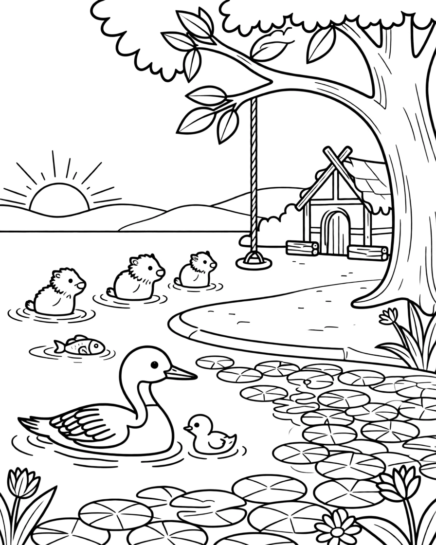 [Lakeside] A loon and her chick float peacefully near a patch of lily pads on a quiet lake. A family of beavers swims toward their lodge as fish ripple the water nearby. A rope swing hangs from a tall tree overlooking a sandy patch of the lakeshore. The lake glows pink and gold as the sun rises slowly over the distant hills.