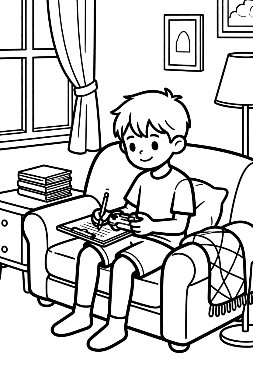 A game tester plays a new video game on a couch while taking notes on a clipboard.