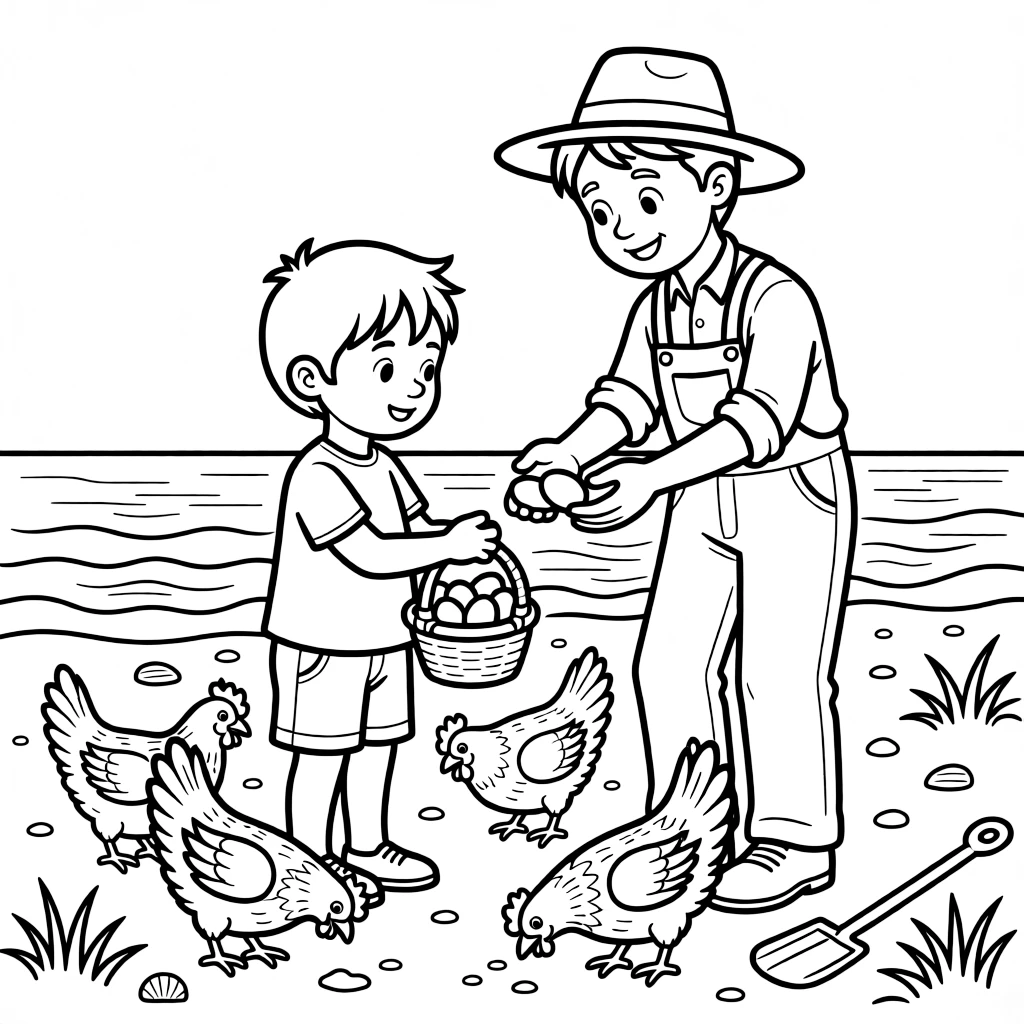 A boy with a hearing aid collecting fresh eggs with a farmer as waves gently lap the shore.