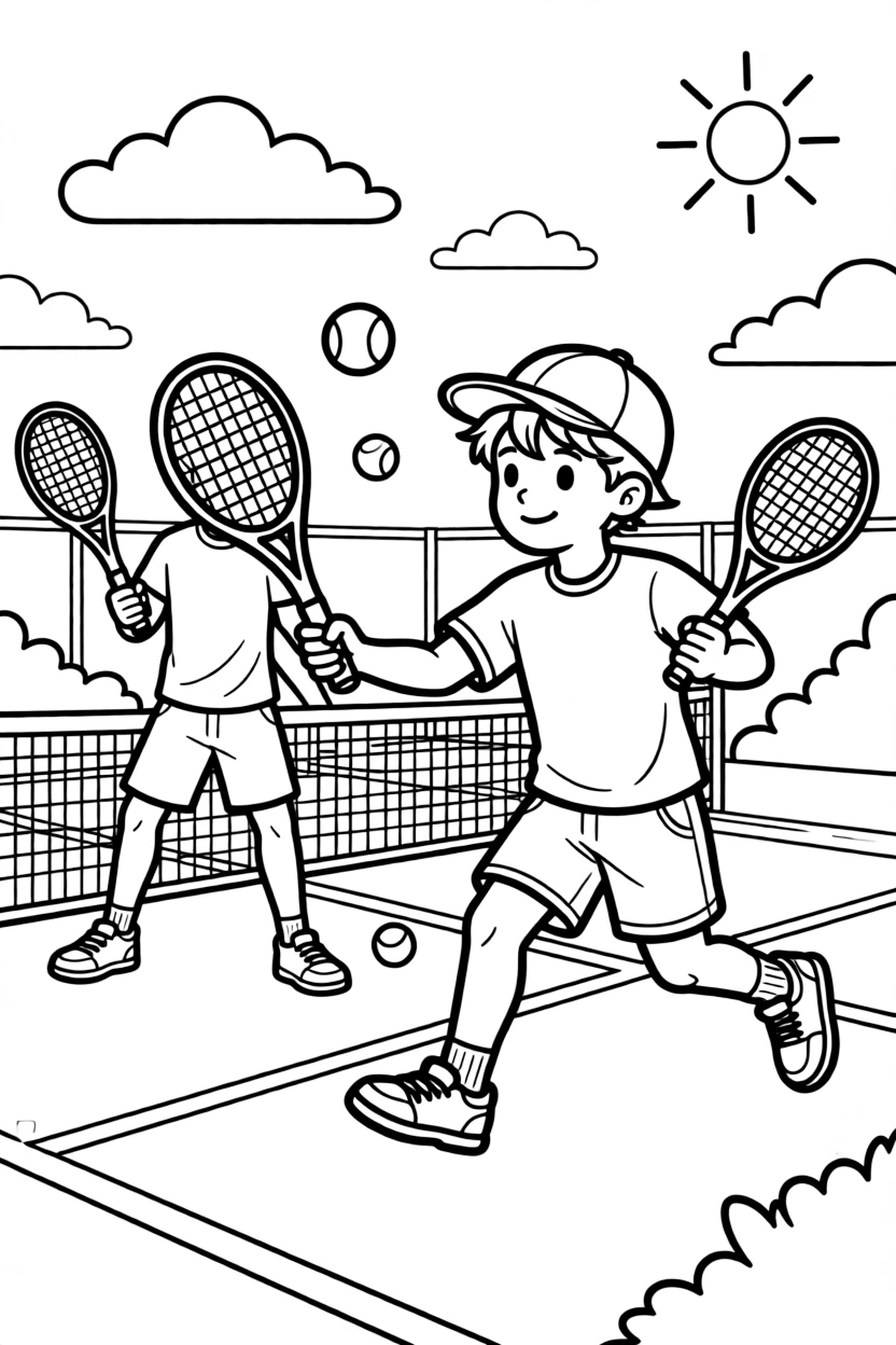 A confident boy wearing a bright cap, playing doubles, partners swapping sides quickly between each shot.