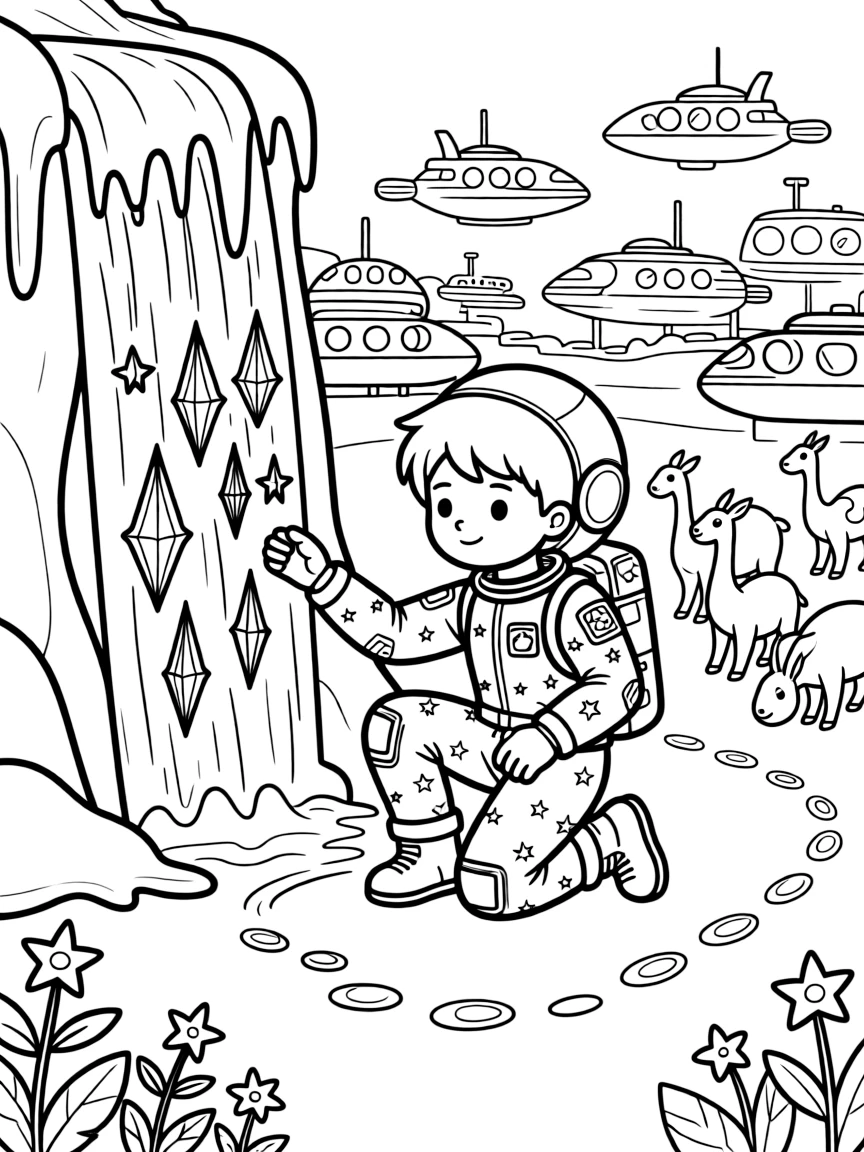 Star Scout Ozzy, a young space explorer in a starry spacesuit collecting rainbow-colored ice crystals from a frozen waterfall near a bustling spaceport crowded with ships from many worlds, surrounded by a trail of glowing footprints leading into the distance and a herd of gentle six-legged alien creatures grazing nearby.