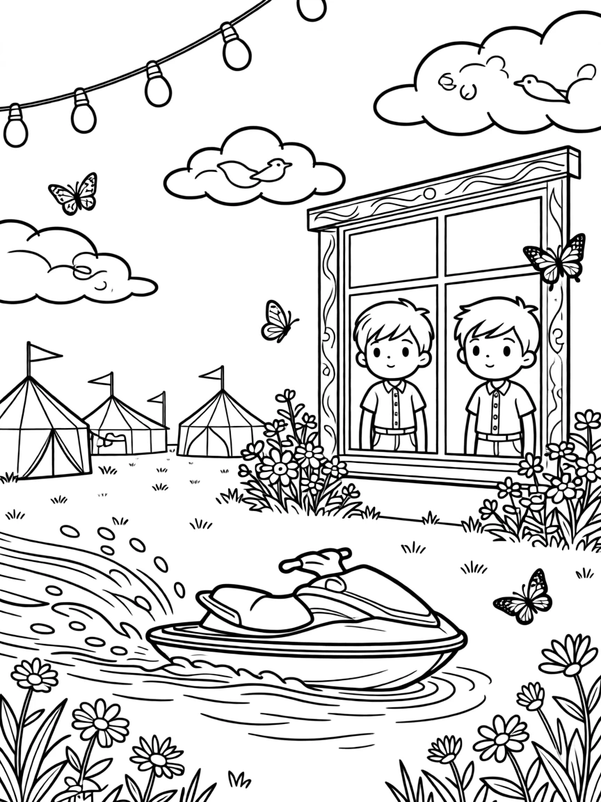 In this scene, a jet ski slicing a spray of water behind it is the star of a festival ground lit up with strings of colorful lights, joined by twin siblings pressing their faces to the window, with fluffy clouds shaped like animals drifting overhead and butterflies fluttering near a patch of wildflowers scattered throughout for kids to color.