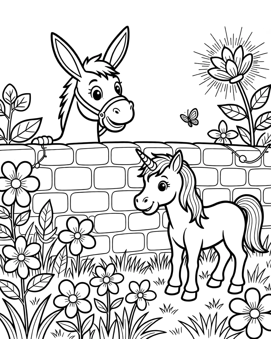 A donkey in a secret garden behind a stone wall, playing hide and seek among the flowers with a unicorn foal, next to a magical glowing flower.