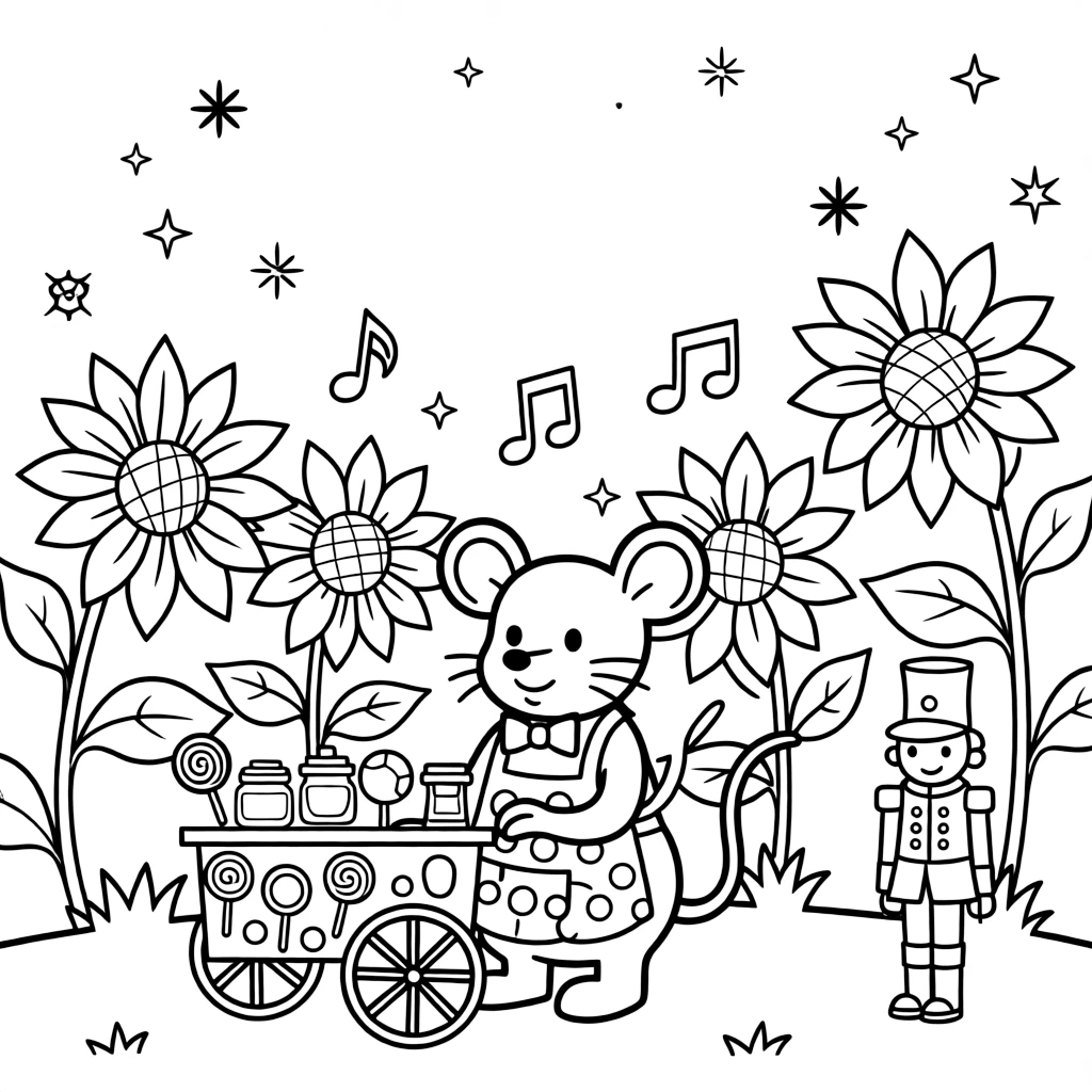 A playful candy shop owner mouse is hosting a costume party in the backyard in a meadow bursting with giant sunflowers, joined by musical notes floating playfully in the air and a wind-up toy soldier standing at attention. Sparkles and stars fill the air with magic.