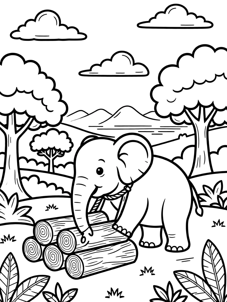 A coloring page of a working elephant helping haul logs in a forest in Myanmar, set against a scenic backdrop with soft clouds and a distant mountain or shoreline.