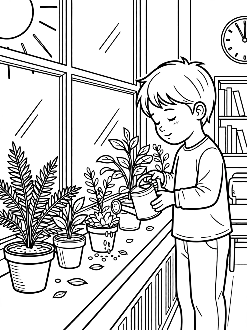 a sleepy small child waters classroom plants lined up along a sunny windowsill.