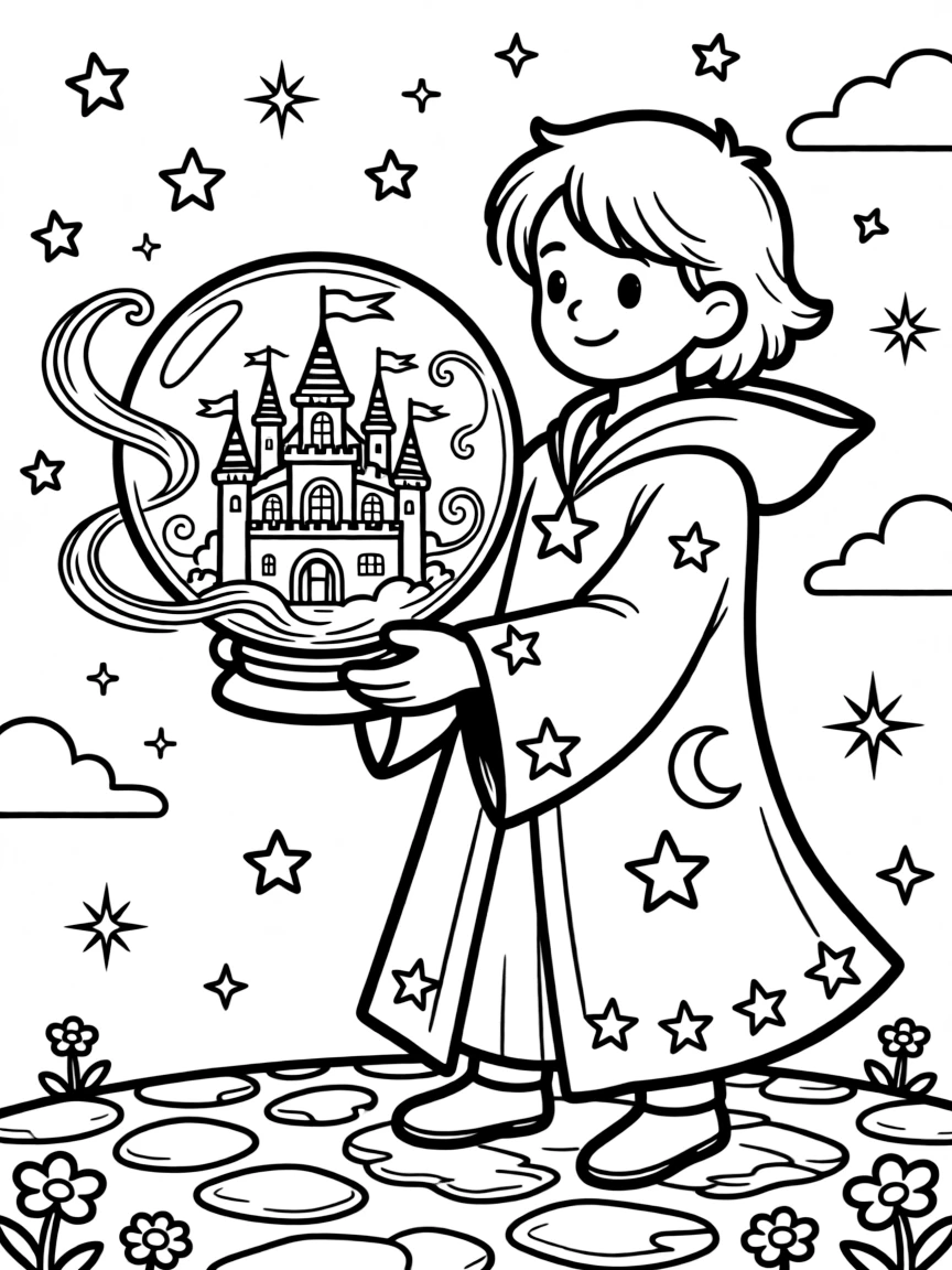 A wizard's crystal ball shows a swirling vision of a floating castle, wisps of magic curling from its glowing surface.