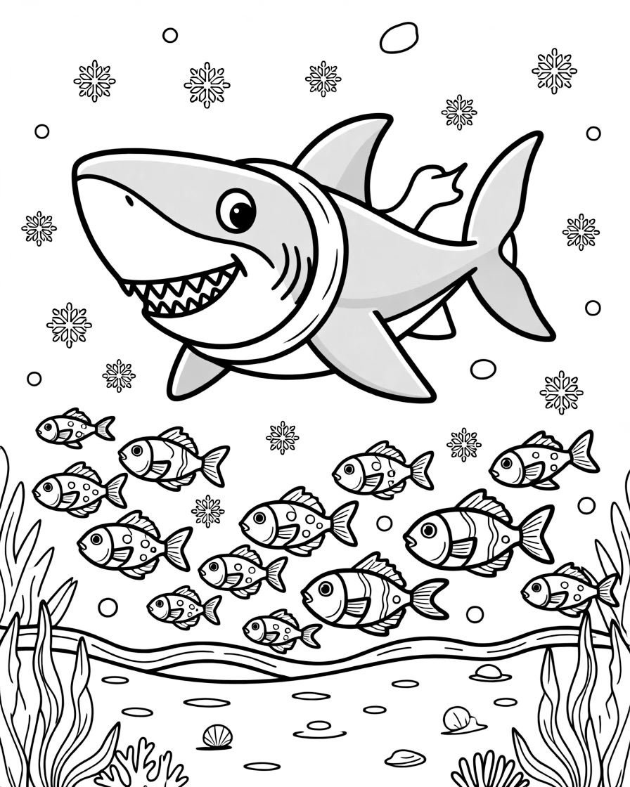 [Sharks] a curious young shark swimming above a school of fish in the deep blue sea, laughing joyfully. Nearby, sunlight ripples across the sandy seafloor. Rows of teeth show a friendly, non-scary grin. The scene is captured in the late afternoon, with snow gently falling, giving the page a lively and adventurous feel that invites plenty of colorful detail.