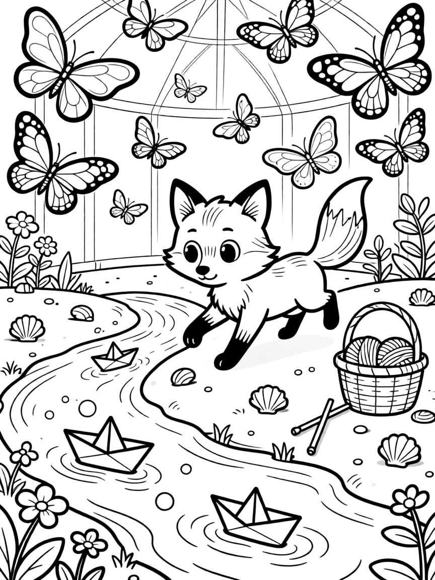 A curious little fox cub is racing paper boats down a bubbling brook in a butterfly conservatory full of fluttering wings. Close by, glittering seashells scattered on the sand and a basket of yarn and knitting needles nearby bring the scene to life.