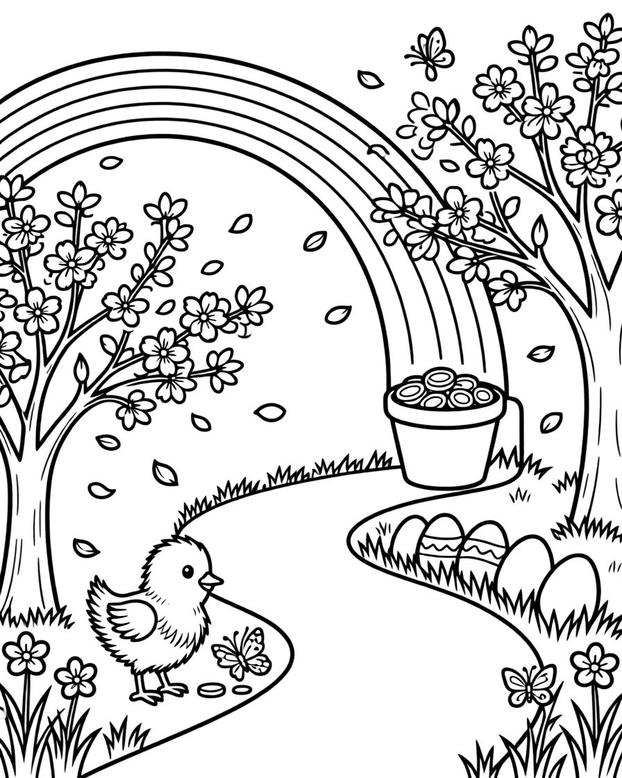 A rainbow ending at a pot of gold coins along a path lined with blossoming cherry trees, with a tiny chick playing close by amid a rainbow arching over the garden and a row of pastel eggs in the grass.