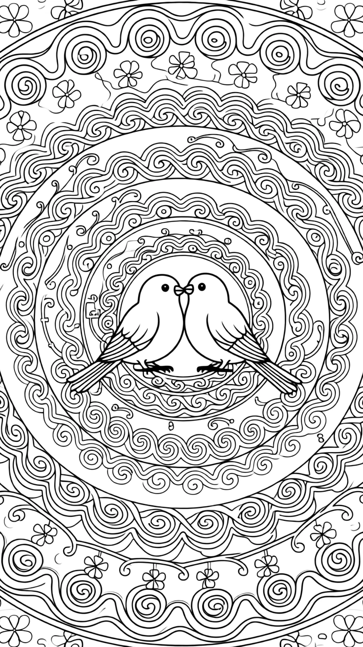 Birds: The main subject is a pair of lovebirds perched beak to beak, drawn as the focal point of a spiral mandala that winds gently from center to edge. It is centered on the page, anchoring a design that expands outward in smooth, even waves. Decorative details fill the surrounding space, including swirling vine tendrils, rows of curling wave shapes, and pinwheel blades spinning in place woven throughout the background. A playful extra touch completes the page: a small key shape tucked discreetly among the pattern details.