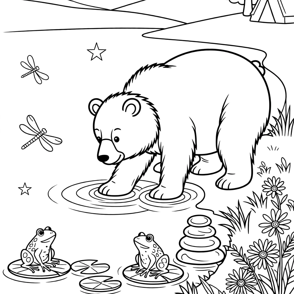 [Lakeside] A friendly bear wades into the shallows of a mountain lake, scooping up berries from the shore. Dragonflies skim across the surface while frogs sit on lily pads near the shoreline. Smooth stones are stacked in a little tower near the water's edge, beside a patch of wildflowers. Stars begin to reflect on the water as crickets chirp softly around the campsite.