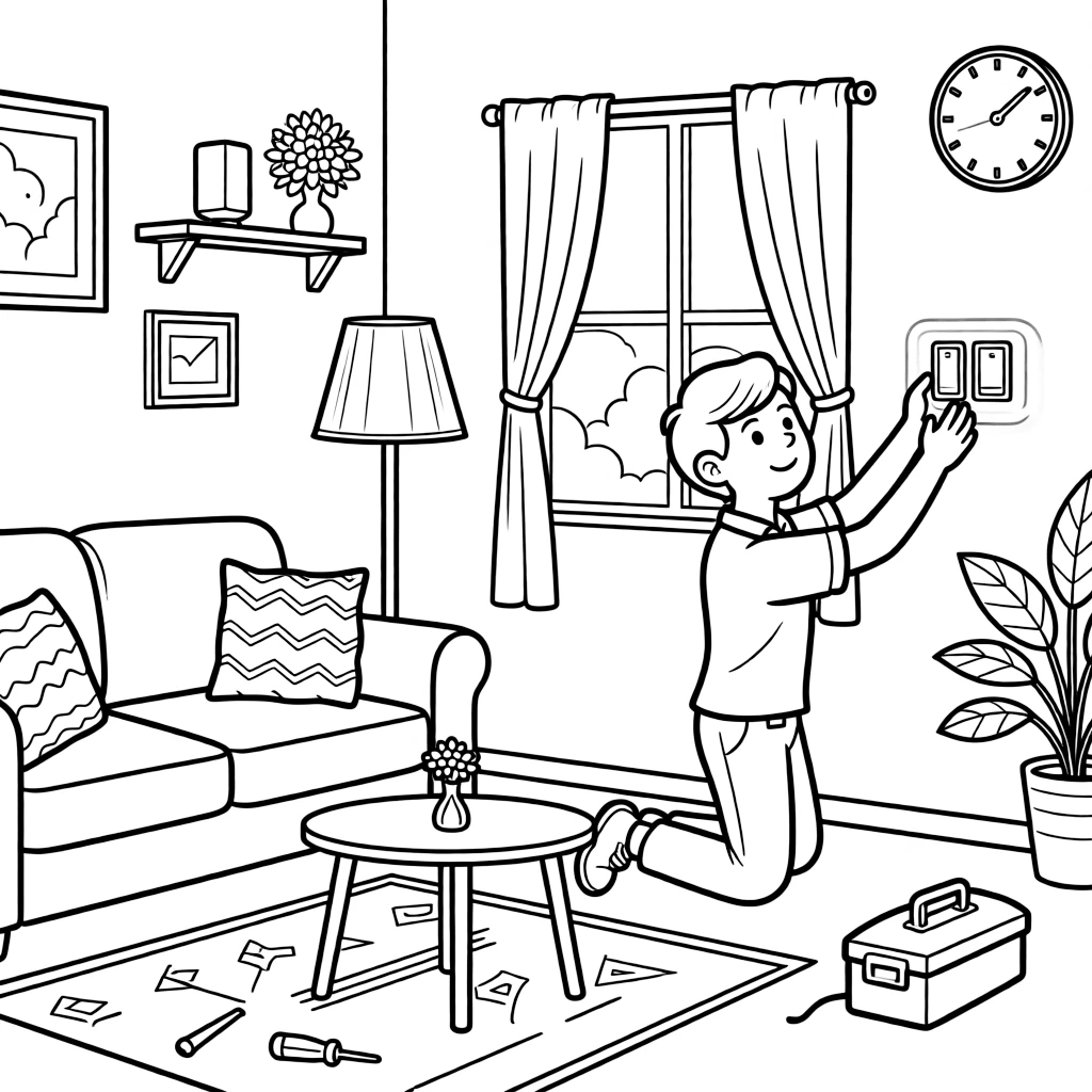 A smart home technician installs a talking speaker and glowing light switches in a living room.