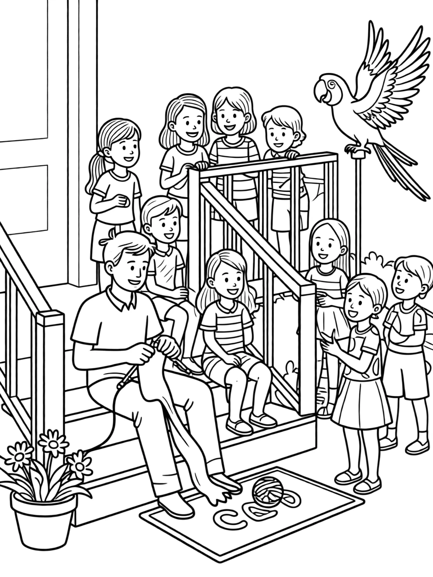 An older brother knitting a scarf with a whole class of friends on the front porch steps while a parrot squawks from a perch.
