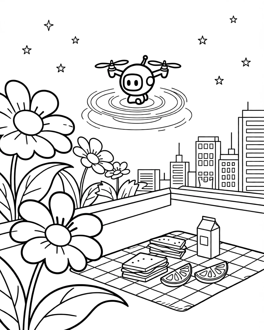 Dyno, a tiny drone robot practicing a magic trick with holographic light rings near a rooftop garden overlooking a glowing cyber skyline, surrounded by a picnic blanket spread with snacks under the stars and a garden of oversized glowing flowers.