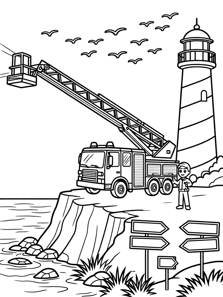 This page centers on a bright red fire truck extending its tall ladder exploring a rocky coastline with a striped lighthouse on the cliff, featuring a smiling paramedic giving a thumbs up and little extras like road signs pointing toward fun destinations and a flock of birds flying alongside in formation.