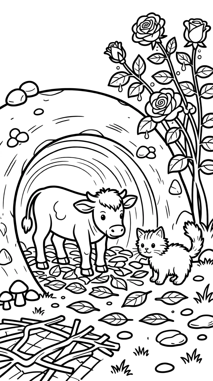 A calf helping gather fallen leaves with a curious kitten in a cozy burrow, near a rose bush, as dewdrops sparkle on the leaves.