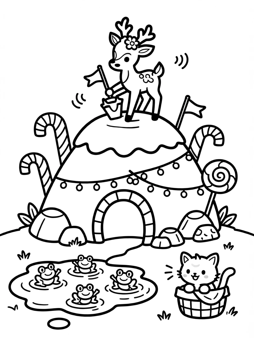 A mischievous deer fawn with flower antlers is planting flags on top of a candy mountain summit in a cozy burrow decorated with fairy lights, joined by a puddle full of jumping frogs and a curious kitten peeking out from a basket. Warm smiles and happy cheers fill the scene.