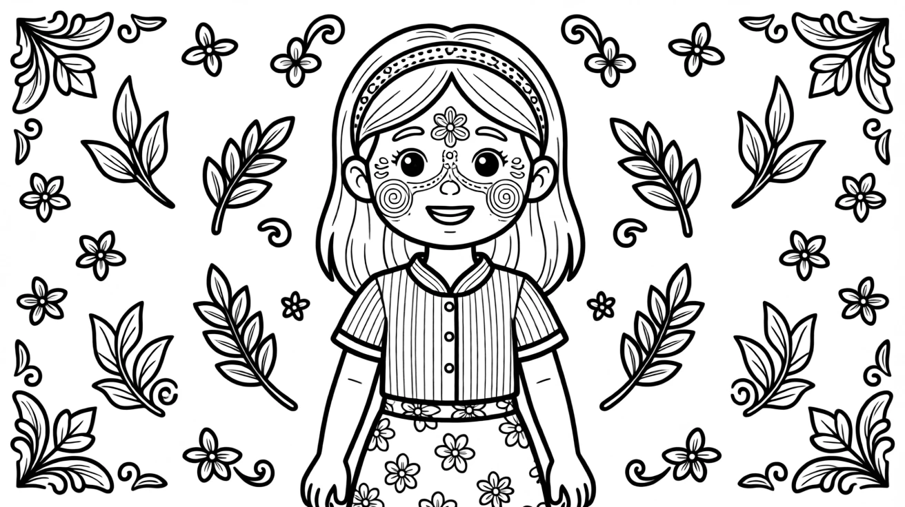 A coloring page highlighting a beloved cultural symbol from Myanmar: a woman with thanaka paste painted in patterns on her cheeks, displayed proudly with small decorative flourishes around it.