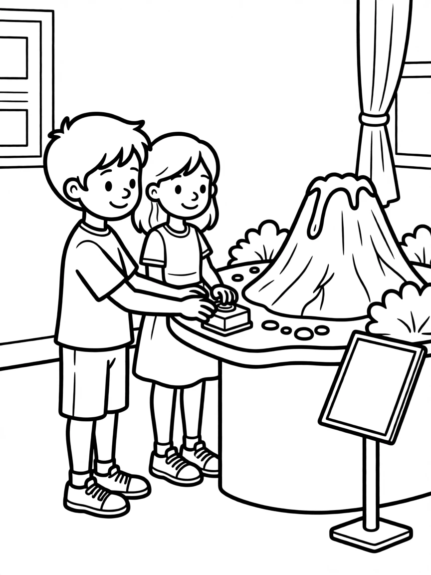 a gentle pair of best friends presses a button to make a model volcano light up in a science center display.