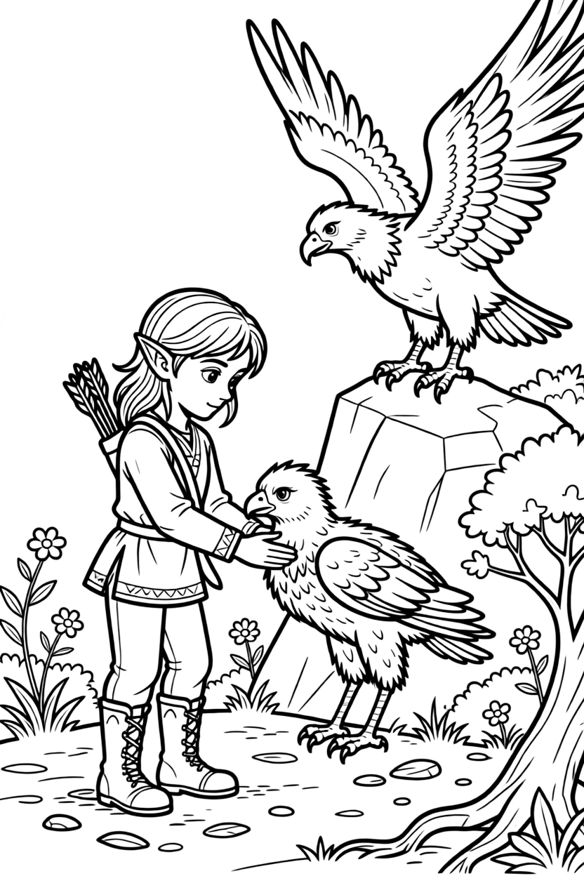 A young elf ranger tends to an injured baby griffin's wing, the creature's mother watching cautiously from a nearby ridge.