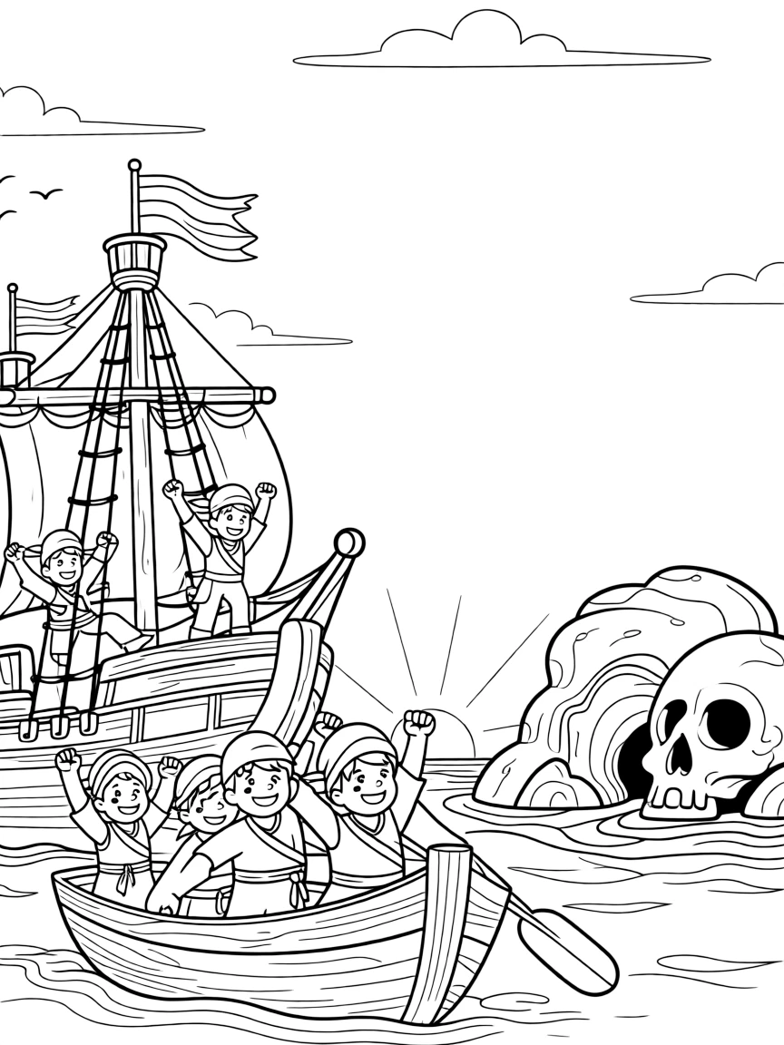 [Pirates] a pirate crew rowing a small boat climbing the rigging of a tall ship near a rocky sea cave, cheering with both fists raised. Nearby, a skull-shaped rock formation rises from the sea. A weathered flag flutters from the mast. The scene is captured at high noon, with a light breeze blowing, giving the page a lively and adventurous feel that invites plenty of colorful detail.
