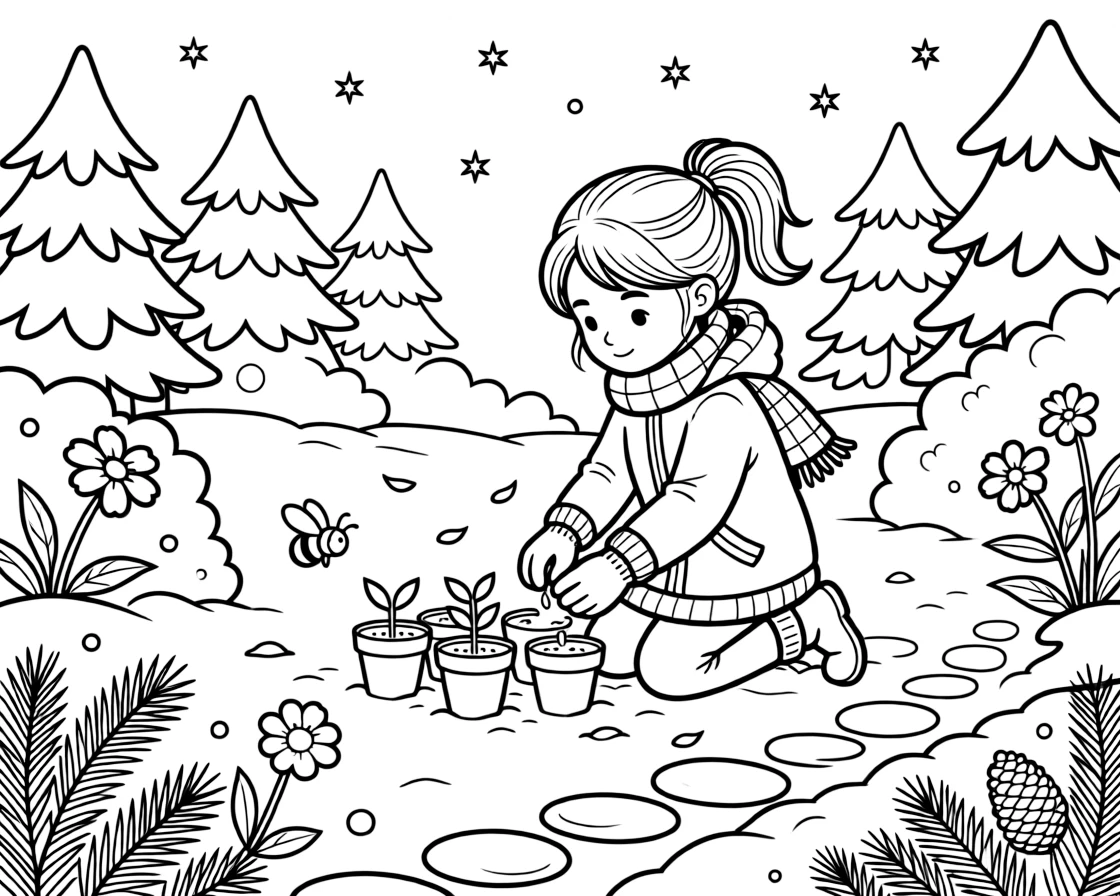 A girl chess player pondering her next move is planting seeds carefully in little clay pots in a snowy forest clearing under twinkling stars. Nearby, scattered flower petals drifting in the breeze and a curious bumblebee buzzing among the blooms give the moment a cozy feel.